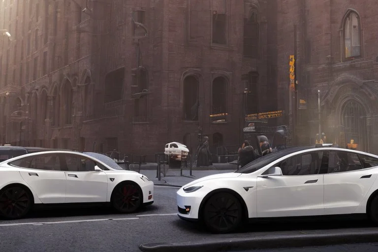 A Tesla 'Model Y' is parked, near the 'Central Synagogue' in New York City. (CINEMATIC, WIDE ANGLE LENS, PHOTO REAL)