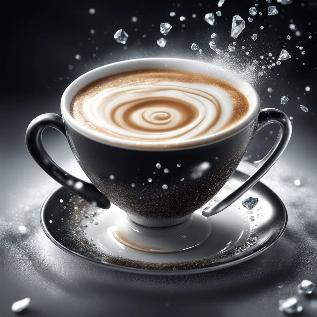 Splash art of photograph of a beutiful, cup of cappuccino in magical black, shimmering metal, shining diamonds,highly detailed, digital realistic painting, light flairs concept art, smooth, matte, intricate details, eerie, sharp focus, octane render, sliding on ice, 3D, hyper photorealistic high quality, detailed photography sharp face, photorealistic detail sparkling, full HD cinematic 225k high quality, high resolution, Ultra realistic, Digital graphics.high quality HDR