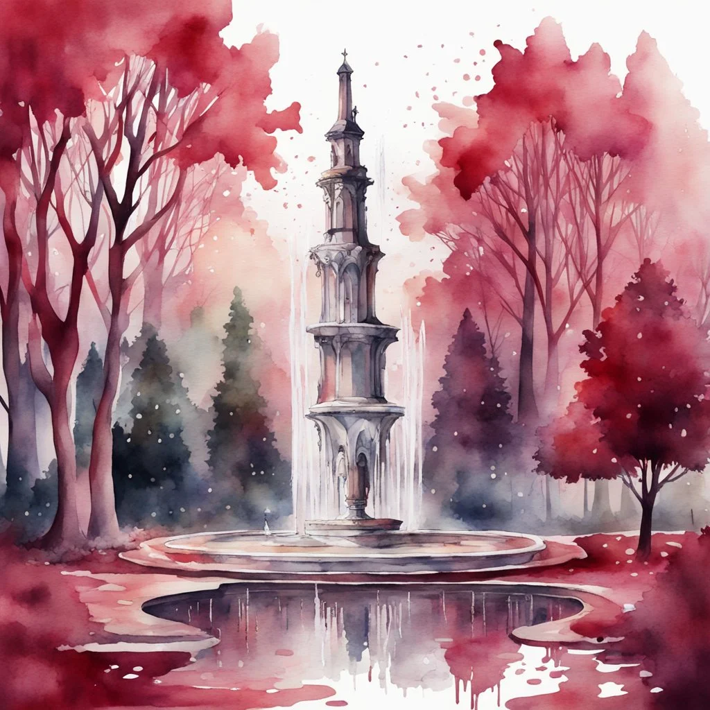 Watercolor burgundy gothic style nature forest with fountain and trees