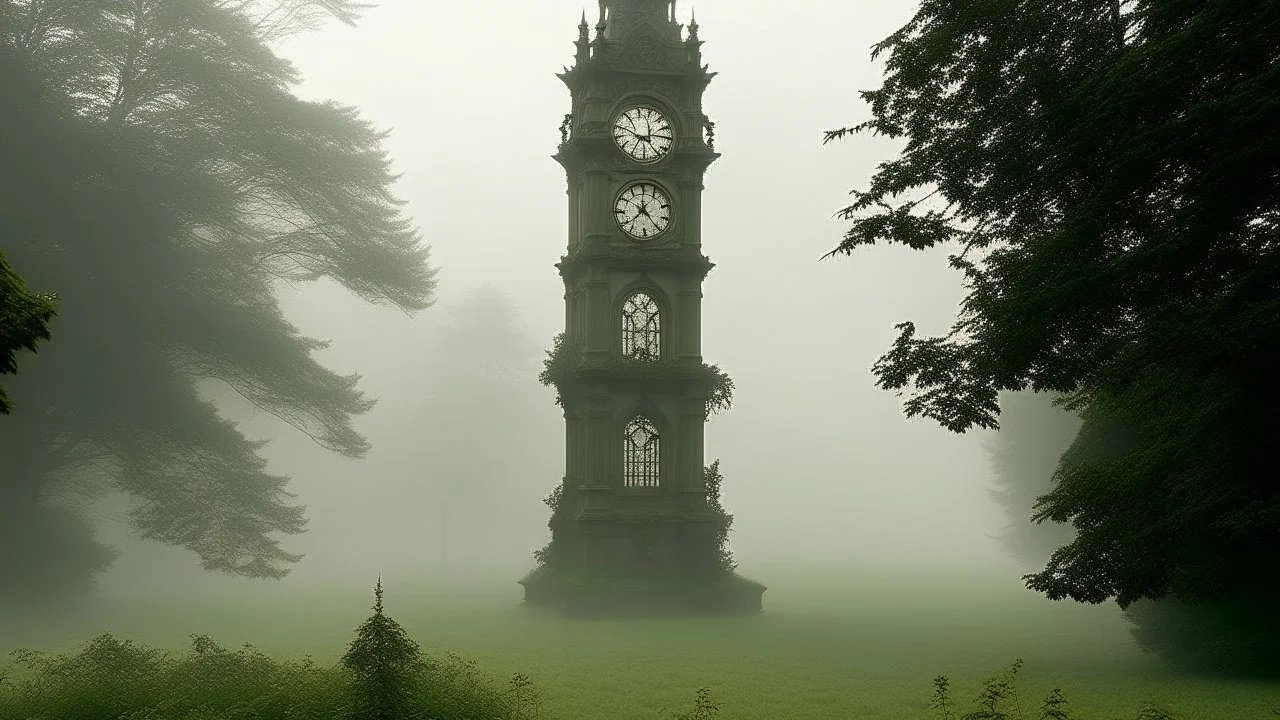 A solitary and elegant clock tower rises amidst a sprawling, fog-shrouded landscape. The clock tower, with its intricate stone carvings and Roman numerals, stands at the center of a vast, neglected garden. Overgrown with vines and moss, the once manicured lawns and paths are now wild and untamed. In the distance, a series of gently lit, rolling hills fade into the mist.