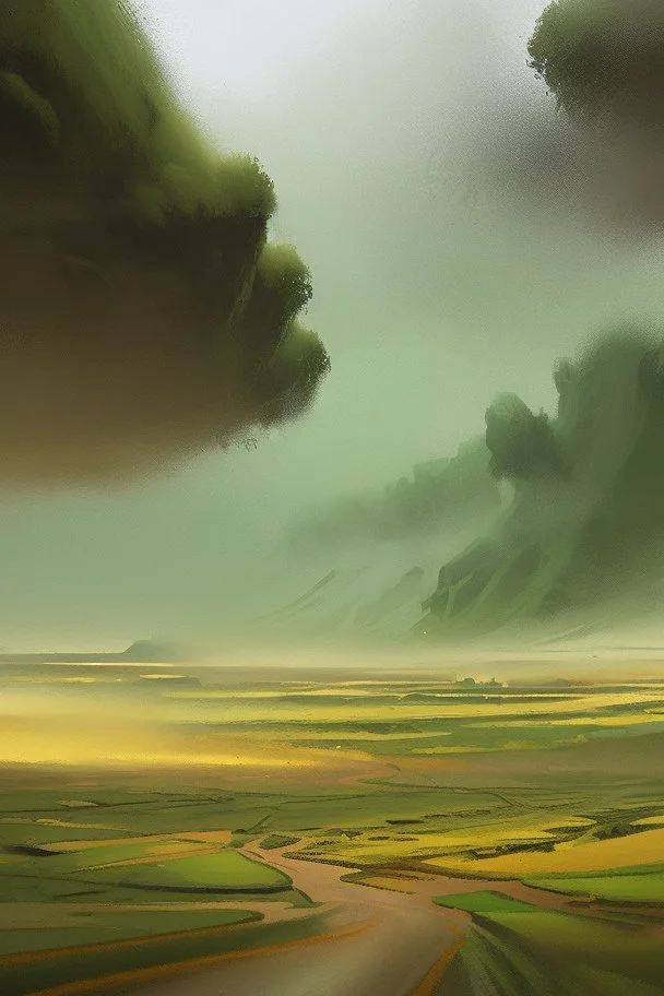 Oil painting, a vast green village where rain falls and turns anything it touches into gold