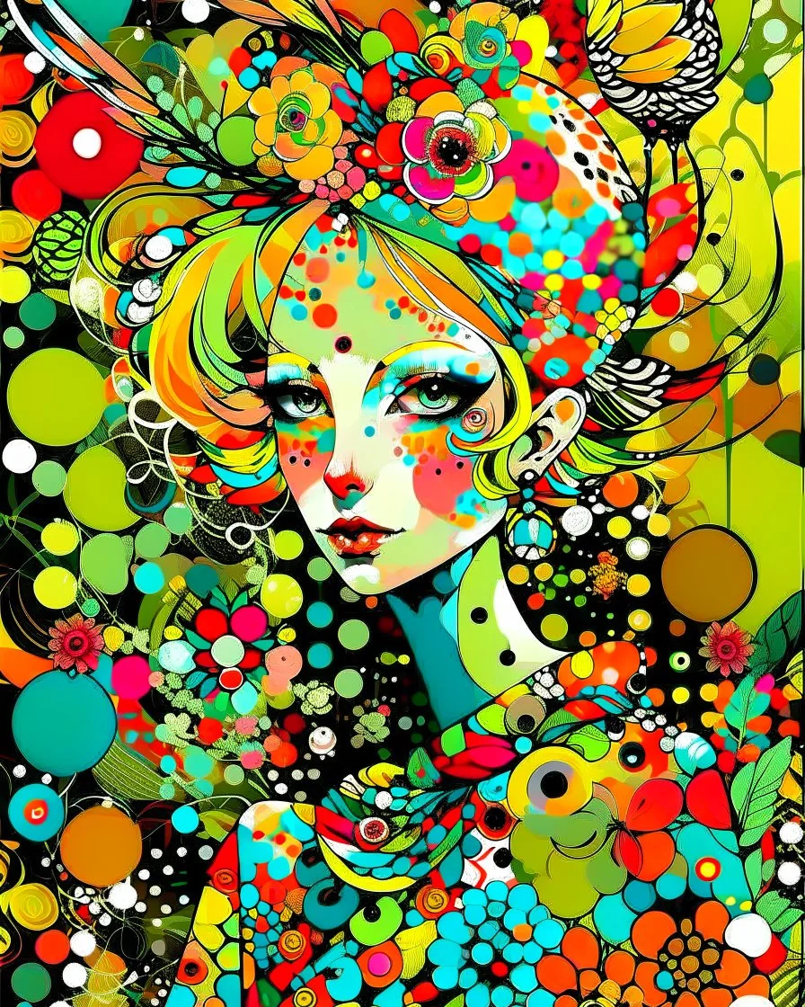 creative artistic modernist vibe, messy painterly, stylized illustration of a pale young woman with distinctive features, wearing a bold polka-dot outfit. She has extremely expressive eyes, sharp face, small nose and is adorned with oversized flowers in her hair. A delicate bird with intricate patterns is perched in her shoulder. bright accents color scheme with textured backgrounds. Overall style is painterly creative artistic modernist with a touch of whimsy vibe.