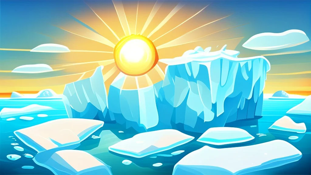 cartoon illustration: nature with icebergs and frozen sea, sun in the sky