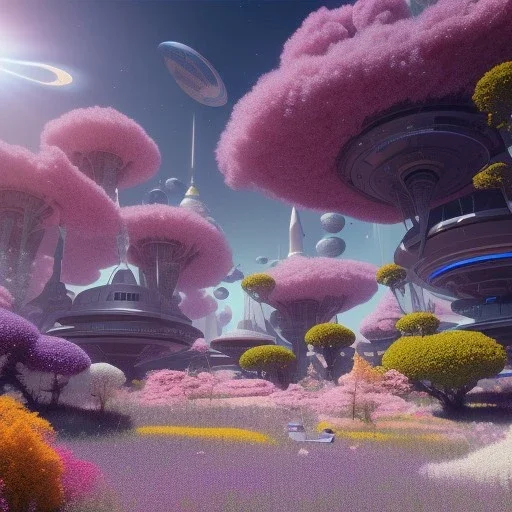 Spaceship landed on futuristic planet, sunny day. clear blue sky, cascade, flowers. Elegant. Extremely detailed. Award winning photography. Fantasy. 8k. Cinematic lighting. Photorealistic. Dynamic lighting. Imperial colors. Crisp quality. Unreal Engine. Colourful cinematic postprocessing. Pixar. VRay.