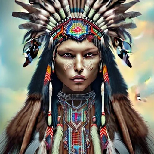 war painted pueblo Indian female, dark, disturbed expression.intricate detailethnically accurate face, intricate head dress, detailed make-up, detailed turquoise jewelry, detailed hair, detailed feathers, use dynamic palette, accurate proportions, high contrast.