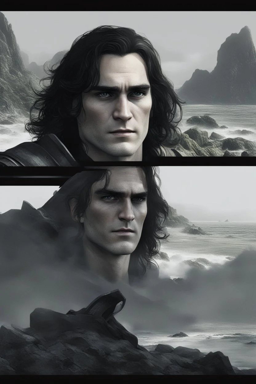 A portrait of Joaquin Phoenix in his early 30s, long beachy haircut, black hair, on a rocky island, in ebony armor from Skyrim, melancholic and dangerous facial expression, half-smiling