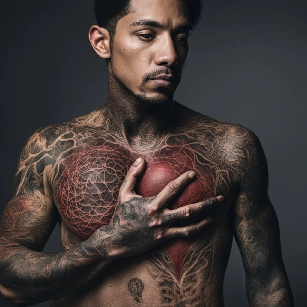 man with light skin with the entire cardiovascular system tattooed, nikon 70mm lens, photo, professional studio photo, very real