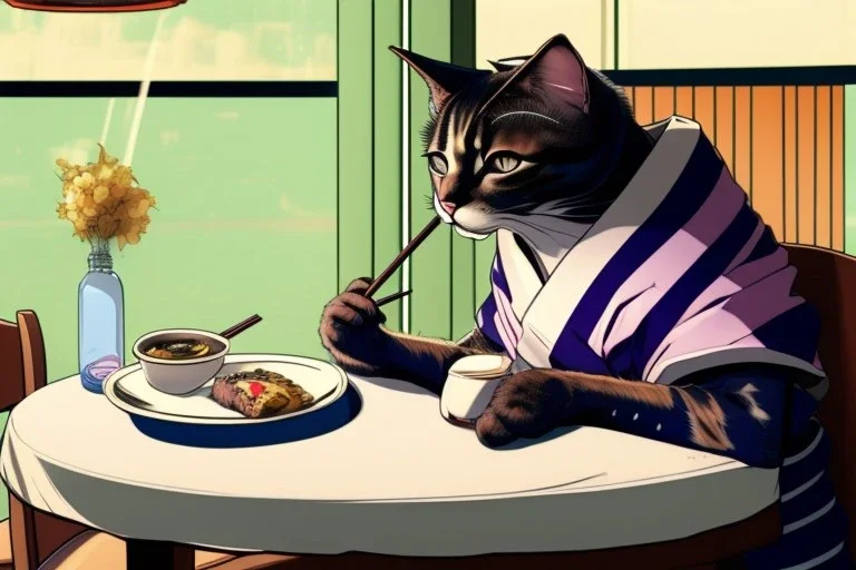 A cat wearing clothes is sitting at a table eating sushi. Manga style. Perfect iris. Paws