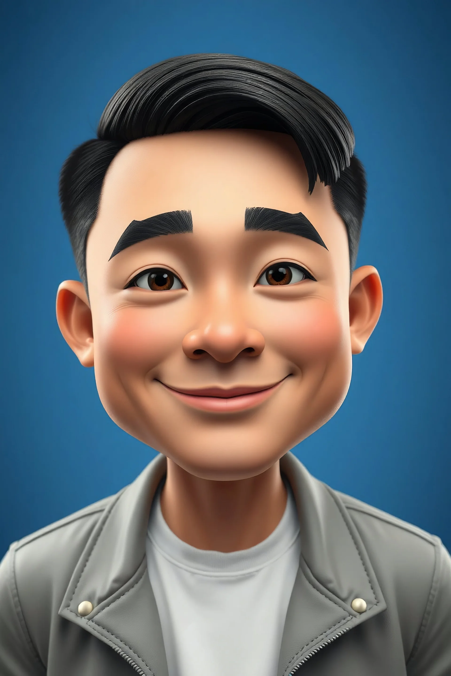 Buat animasi 3D karikatur kartun dengan kepala besar. Seorang pria Indonesia berusia 20 tahun. Rambutnya hitam pendek dibelah di sisi kanan. Wajahnya oval dengan garis-garis halus, alis hitam tebal dan rapi, mata normal, hidung besar, dan bibir tipis dengan senyum lebar dan ramah. Ia mengenakan jaket kulit abu-abu muda di atas kaus putih. Latar belakang biru gradasi dengan pencahayaan profesional. Karya agung, kualitas terbaik, kulit dan wajah sangat detail, sangat realistis, definisi tinggi, pe