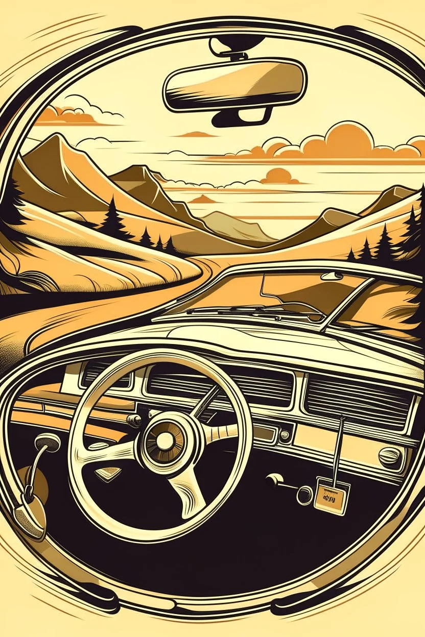 A vintage car phone with a curly cord, attached to the dashboard of a classic automobile. A scenic mountain highway stretches out in the background through the open window. Style: Retro travel, Mood: Adventurous, Lighting: Warm sunlight streaming through the window, T-shirt design graphic, vector, contour, white background.