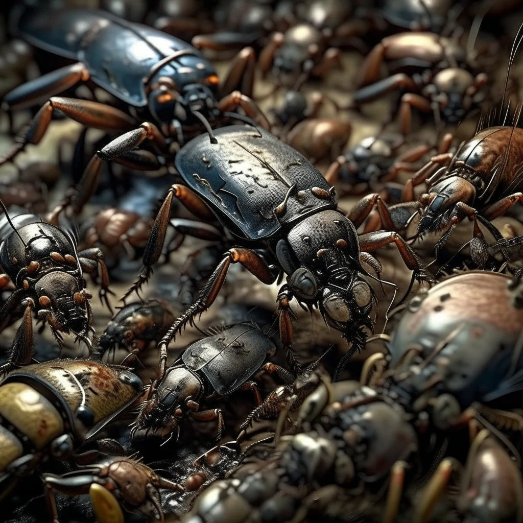 horror, infested, swarming mechanical insects, bugs, cockroaches, flies, spiders, ticks, parasites screaming person, pain, decay