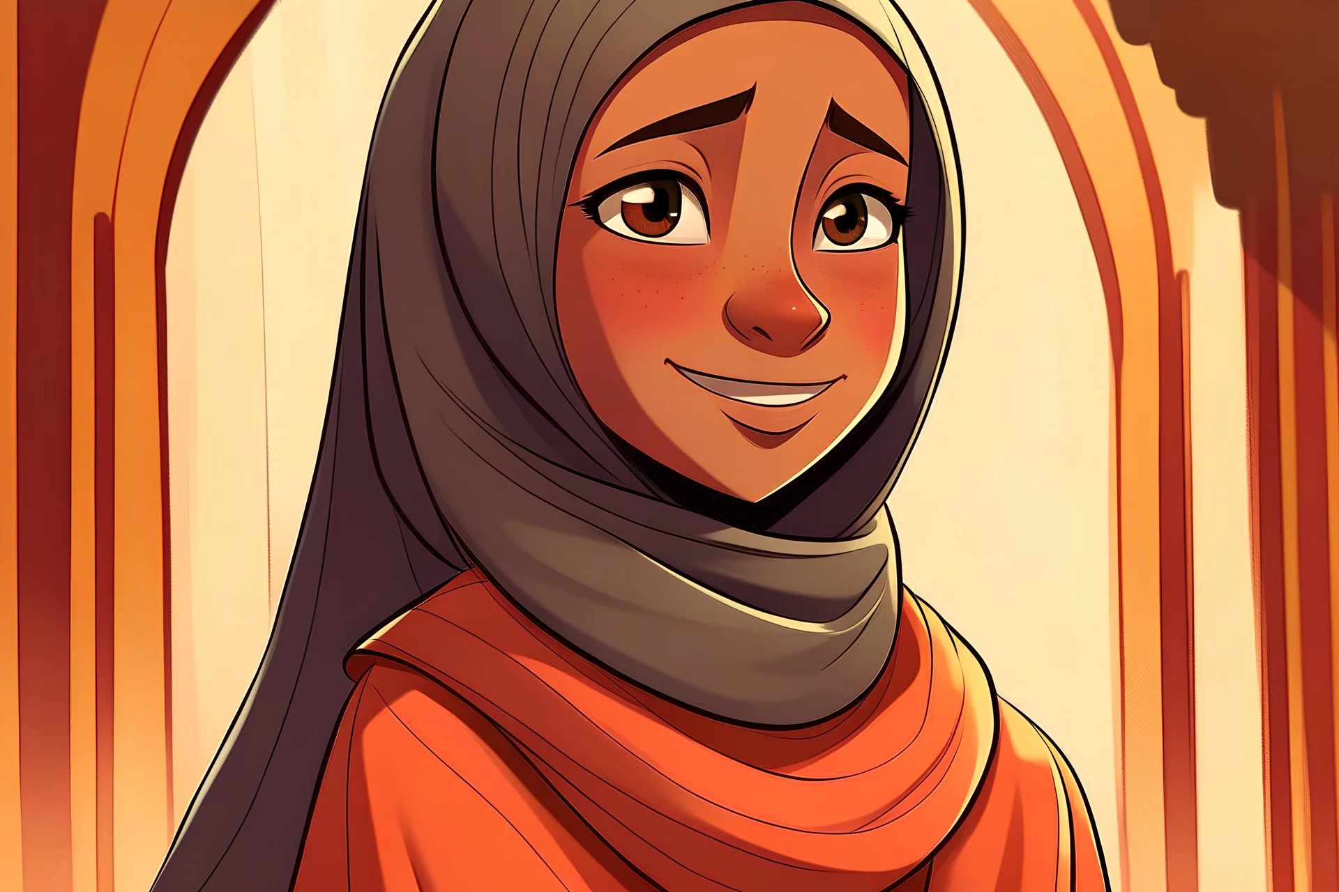 Amina Wearing the Hijab: Illustrate the moment Amina puts on the hijab for the first time. Capture her emotions and newfound confidence.