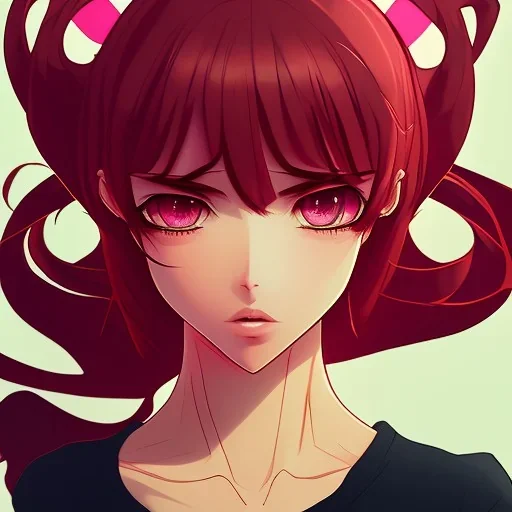 crystal clear blue eyes, and dark pink hair, dot eyebrows, woman, angry expression, pointy ears, long hair, sexy, young, beautiful