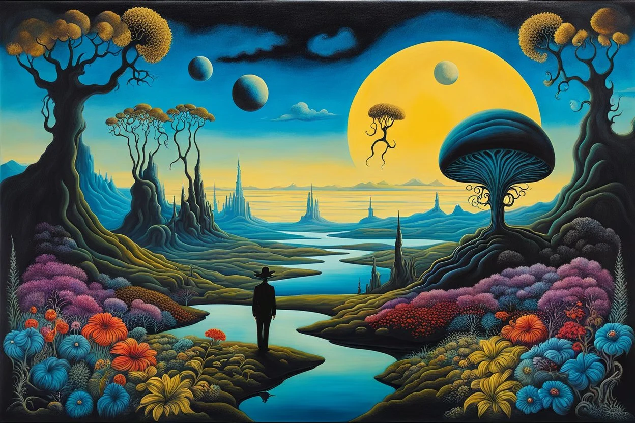 silhouette from an alien hybrid around Ethereal whimsical flower and trees, weird alien land, surrealism Salvador Dali matte background melting oil on canvas detailed matte painting sinister by Greg Rutkowski , klee, bosch, dark colors