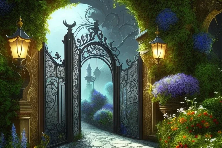 intricate ornate gate, garden, path, flowers, fine detail, high quality, Cybernoir, mystical,