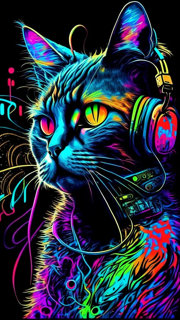 colorful cat with headphones on, graffiti art by Louis Wain, shutterstock contest winner, psychedelic art, black background, synthwave, colorfu