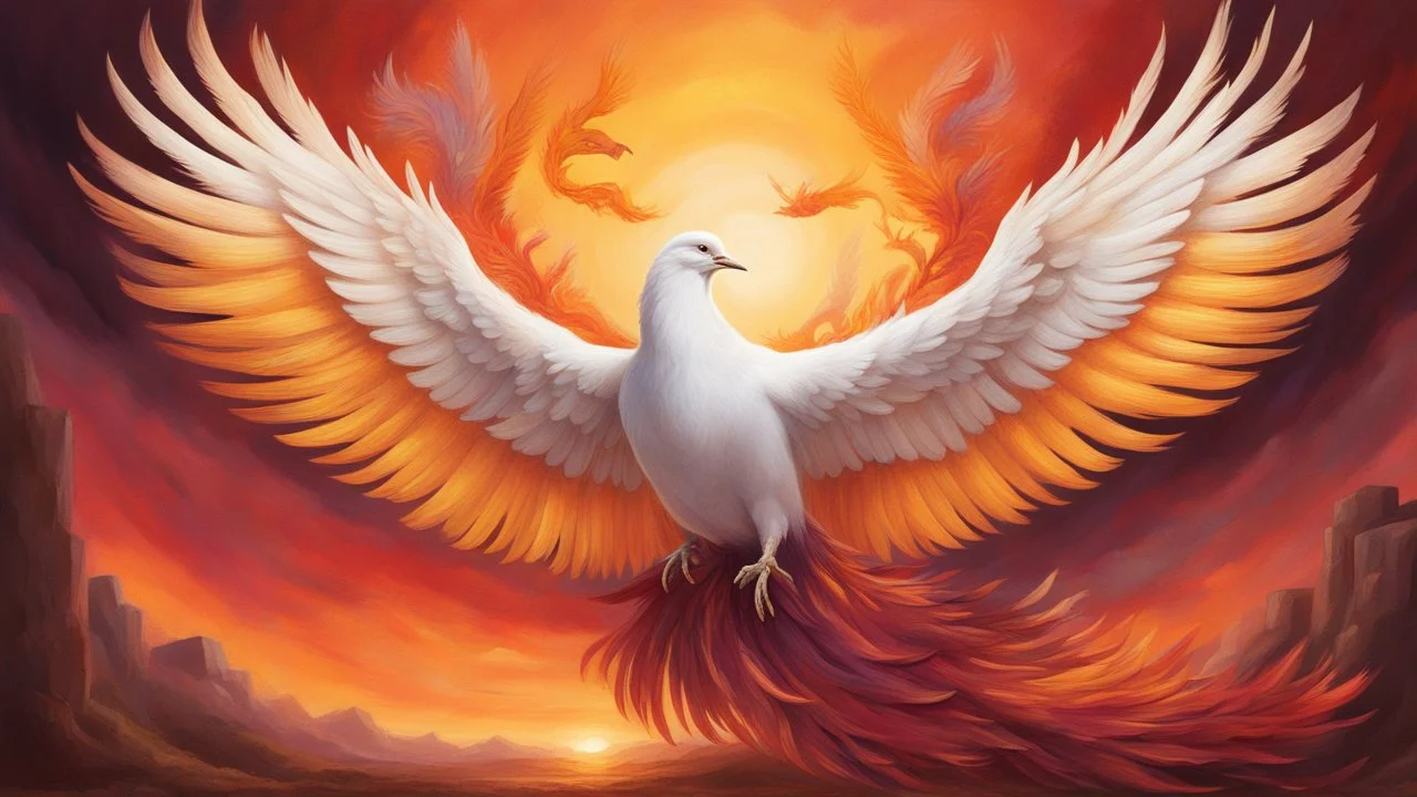 A majestic phoenix rises from the ashes, its plumage ablaze in vibrant shades of maroon, orange, and golden yellow, as a serene white dove watches from a nearby branch, surrounded by warm, sunset hues.