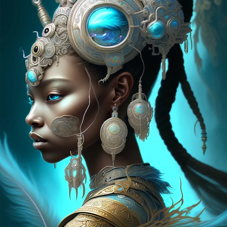 Sango fantasy, fantasy magic, intricate, sharp focus, illustration, highly detailed, digital painting, concept art, matte, art germ and Paul Lewin and Kehinde Wiley, masterpiece Aztec princess dancer head bronze feather's' Asian African girl nice breast Thai hair turquoise silver blue under water