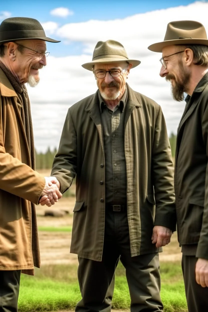 Walter White and Jesse Pink in the AMC walking dead universe shaking hands with rick grimes and Daryl Dixon.