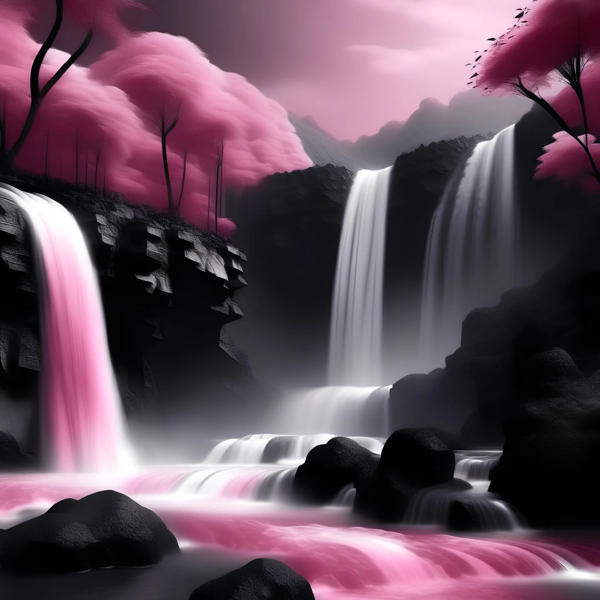 photo real, art, fantasy, pink, black, waterfall, beautiful style, Japan