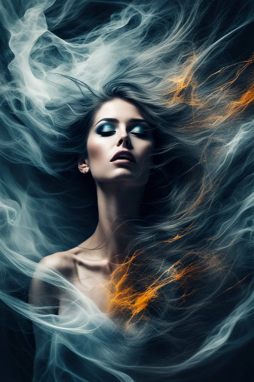 A beautiful mysterious woman, abstract image showing her chaotic life, chaos, stormy, 8k, exceptional beauty, mysterious, abstract conceptional art