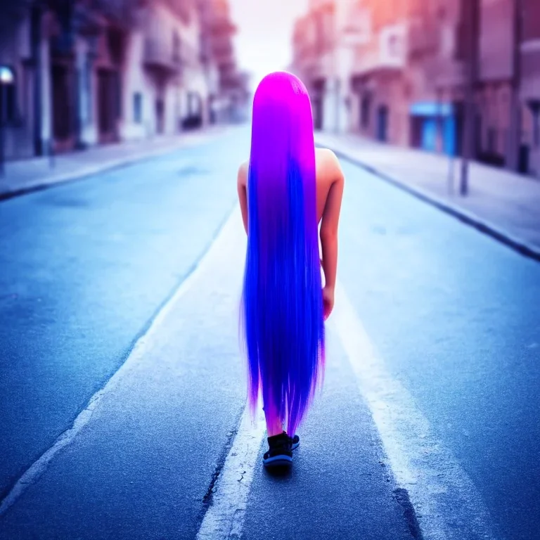 Beautiful lonely girl who walks along a street without people at dawn. You see her from behind. She is very short blue dressed. She has long pink hair with glowing crystals. Full body, 8k resolution concept art. Professional Photo HD. Stylish. Warm vivid colors. Panoramic