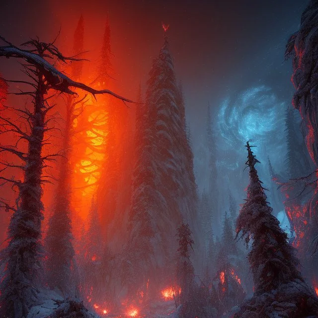 dynamic lighting, Intricately detailed, deep color, Unreal Engine, volumetric lighting, Hell landscape, Hell concept art, Hell fantasy artwork, Mountains, nightsky, winter trees, orange, red, nebulae,