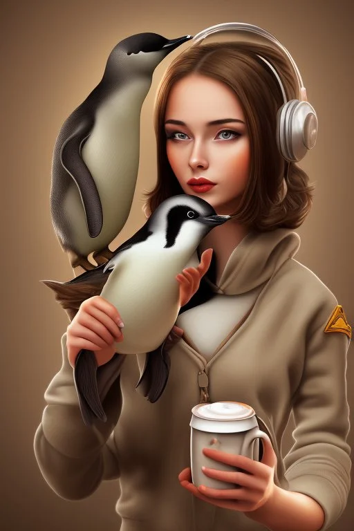 young woman talk to a penguin in coffee-shop