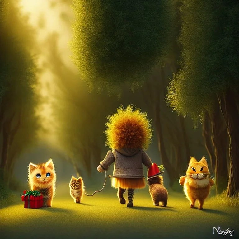 cute fluffy lion and scarecrow and tin-man and kitten on a journey into the woods walking on a yellow brick road, cute adorable pop surrealism, lowbrow art, realistic, street fashion, fluffy , pixar style, hyperrealism, christmas colors, rococo, by "NewAgerJul", Pixar, Disney, concept art, 3d digital art, Maya 3D, ZBrush Central 3D shading, bright colored background, radial gradient background, cinematic, Reimagined by industrial light and magic, 4k resolution post processing 8k resolution holog