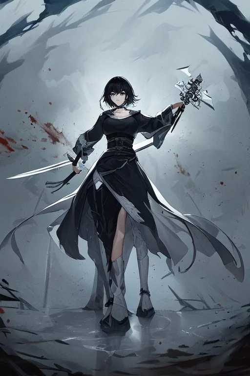 Anime girl with short black hair and sharp green eyes, holding a pike, full body black and white metal plate armour, full body shot, Dramatic lighting,1woman, soaked in blood, Warrior, standing pose, sword at the waist, close shot, lean body,