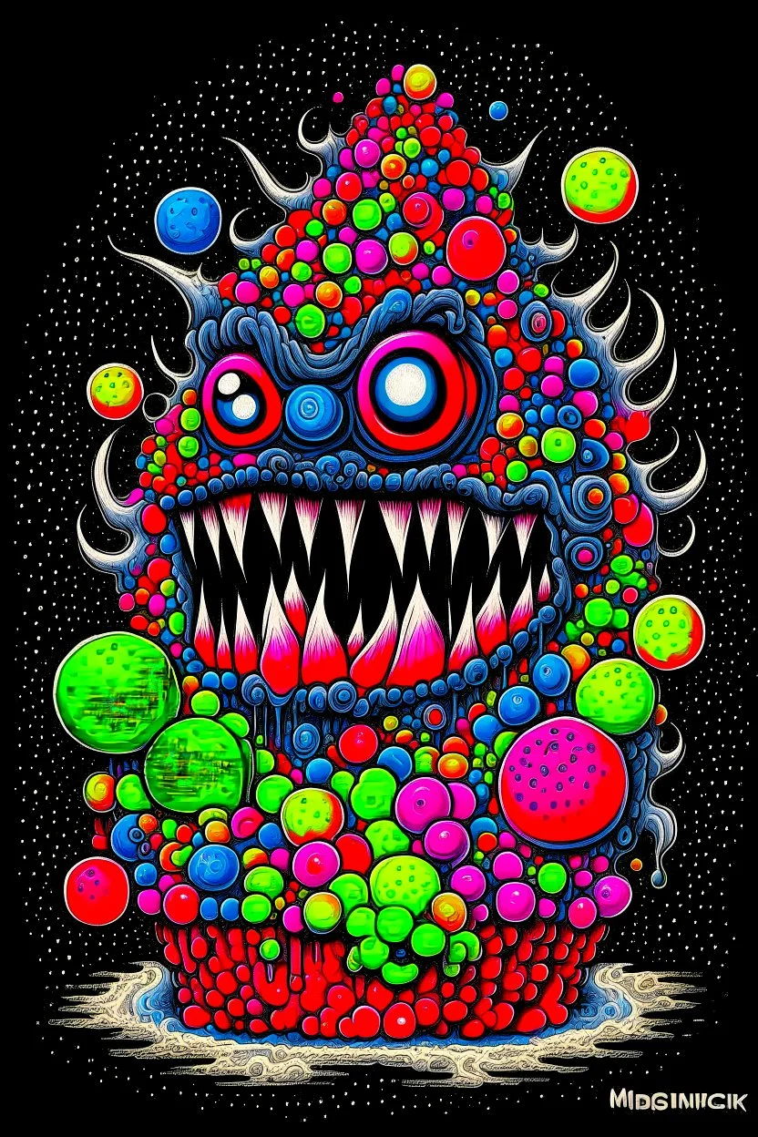 Monster made of ice cream, candy, gum drops, sprinkles tattoo design, traditional tattoo style, t-shirt design, fantasy art, digital painting, clean dark background, 8K by R. crumb, Todd Schorr, Robert Williams, Alex Alemany