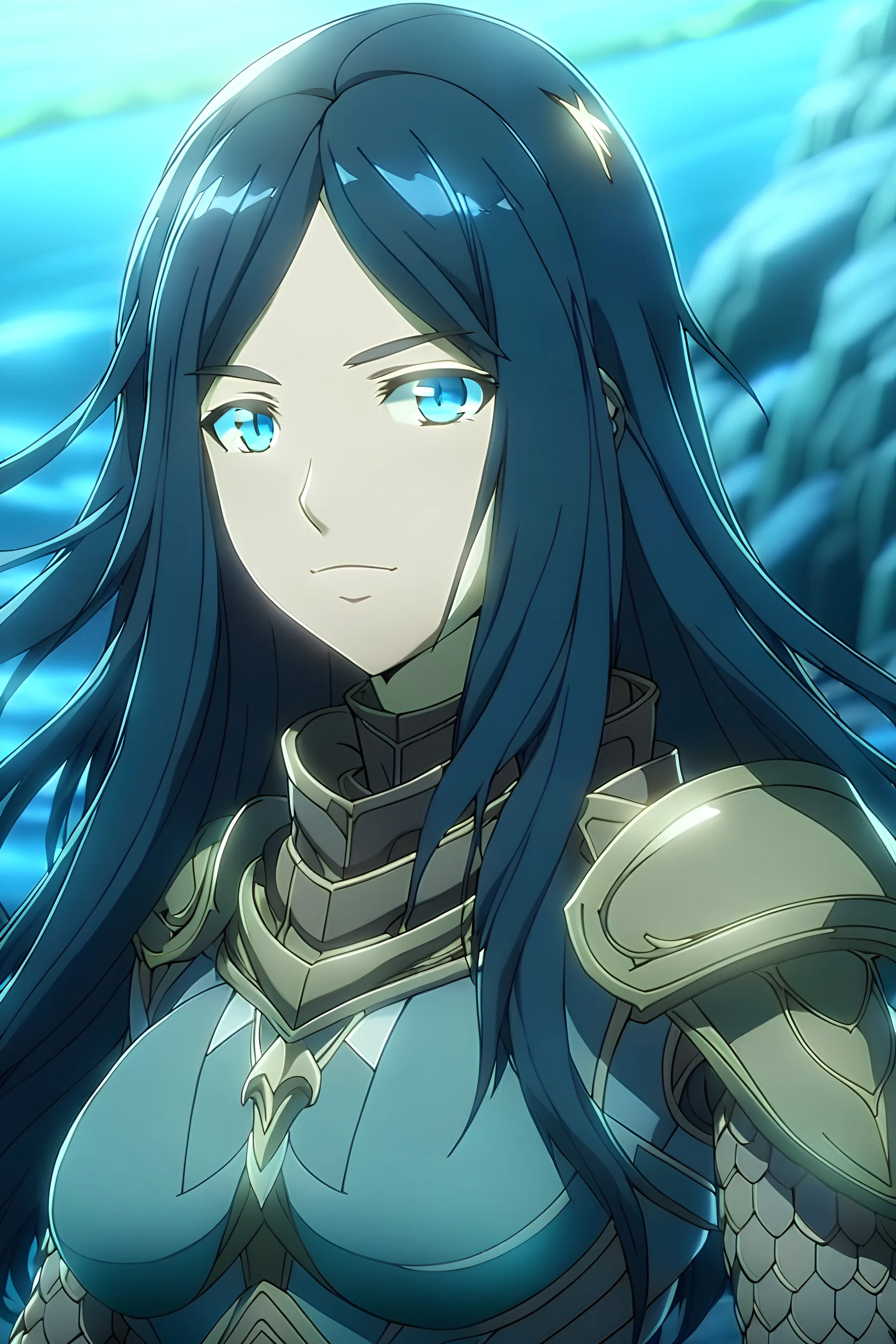 Anime girl with long black hair. Has girls on her neck and is wearing aquatic armor