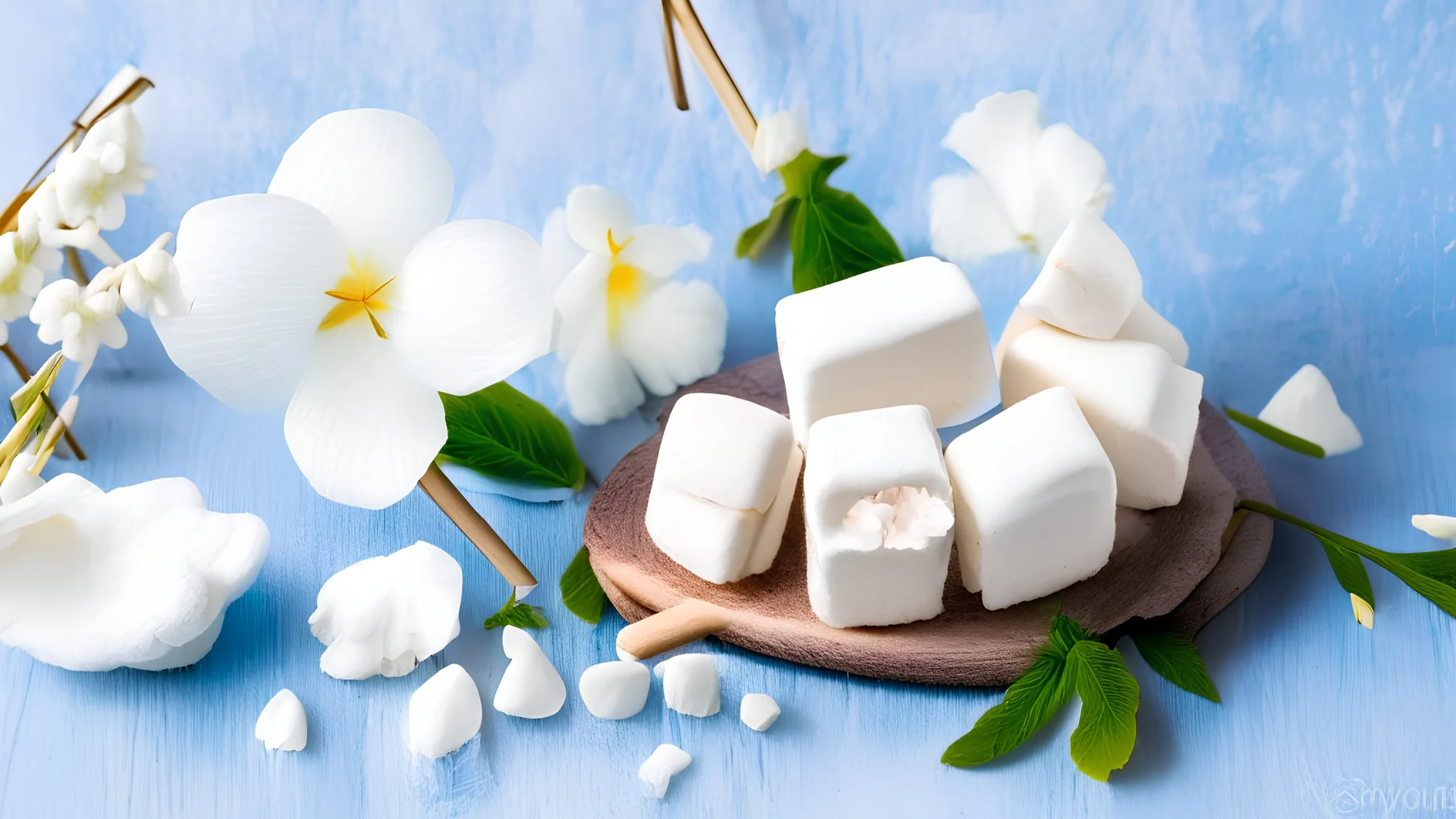 Homemade marshmallow dessert, vanilla sticks and white eustoma flowers. Spring concept