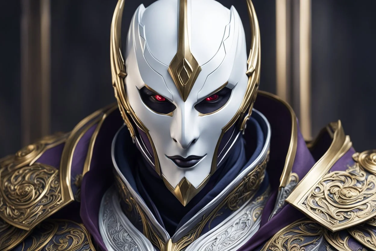 Jhin in 8k live action artstyle, white mask, close picture, intricate details, highly detailed, high details, detailed portrait, masterpiece,ultra detailed, ultra quality