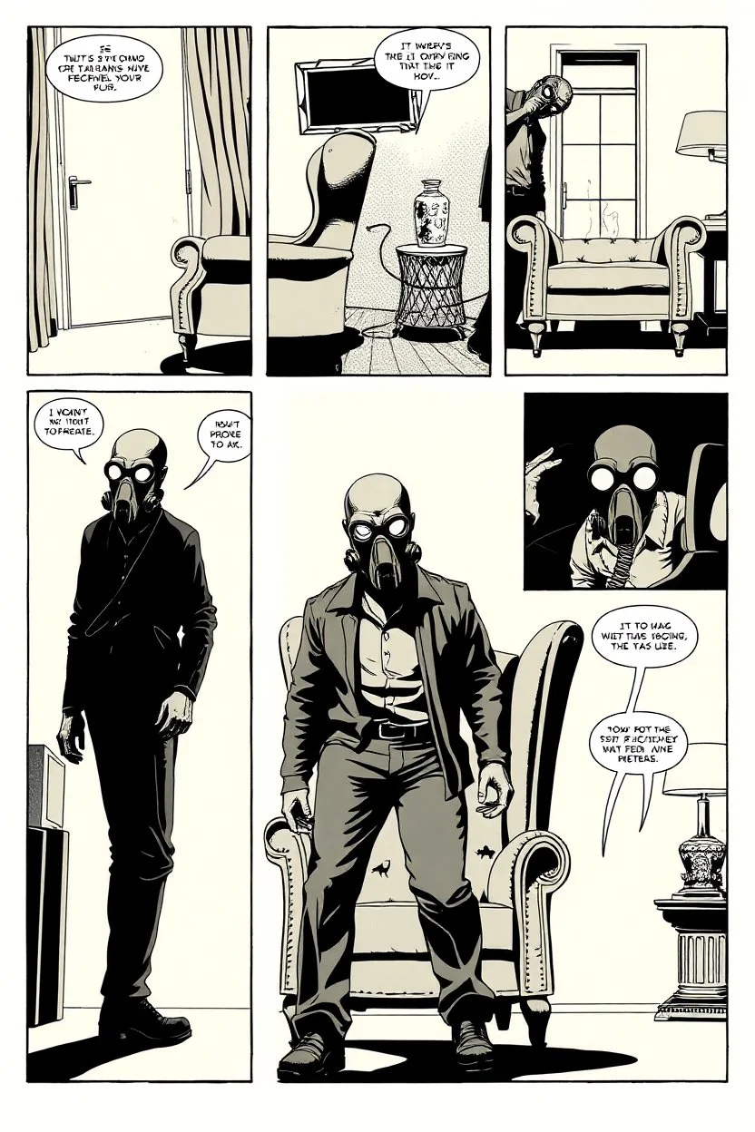 6 panel page with different images of a man in a gas mask walking around a wingback chair, intimidating, graphic novel