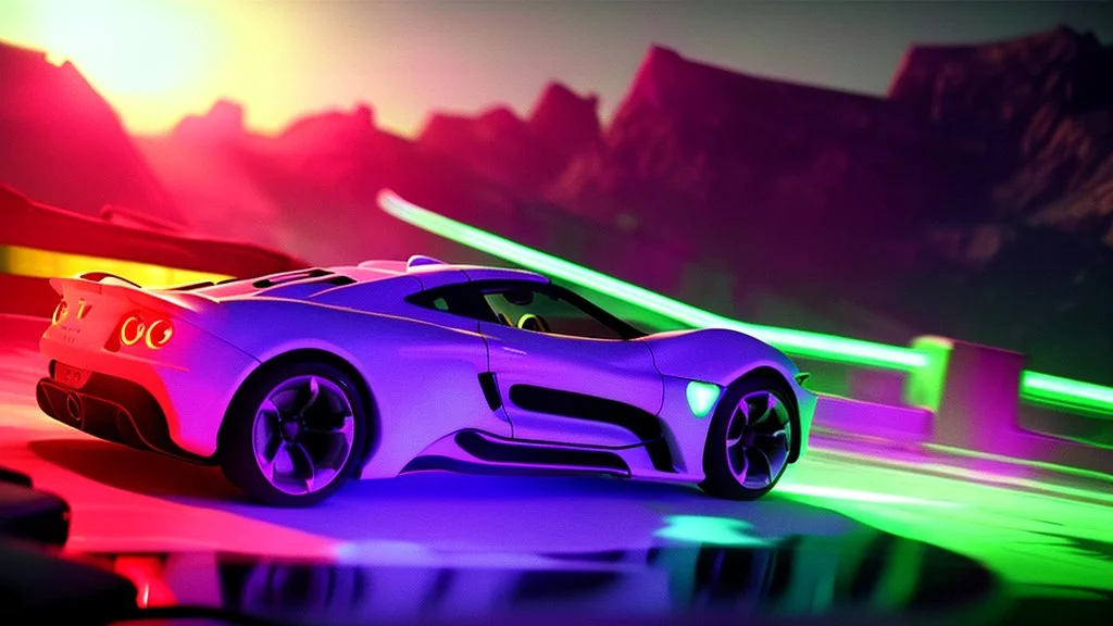 alien tech sports car, unusual neon lighting, high velocity, 64k, dystopian, vray