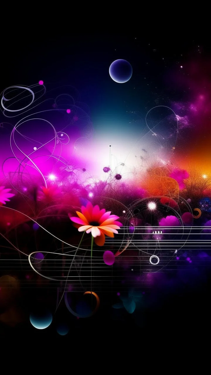 ambient jazz music fusion with scientific details and universal background with musical notes like flowers