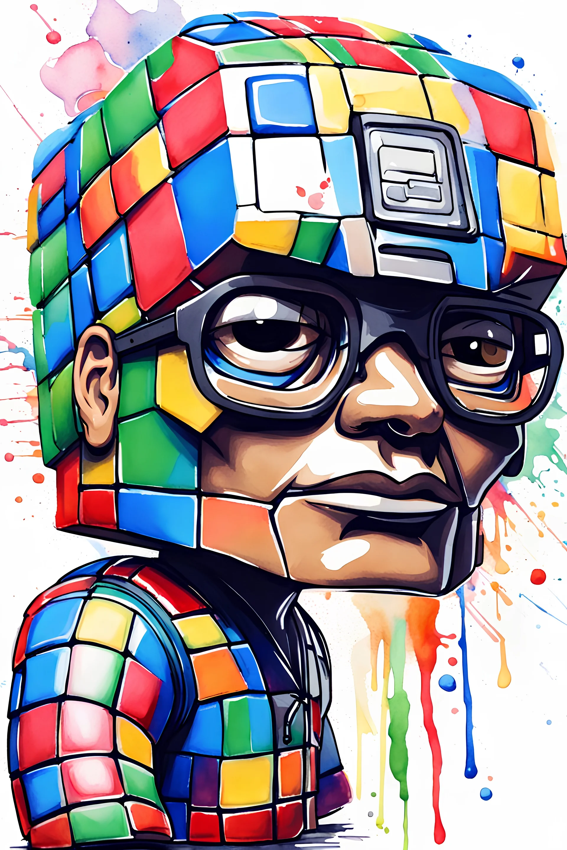 Masterpiece watercolor painting, Rubik Cube Funko Pop, ultra detailed character, simple background, Professional Quality color watercolor painting, full body shot, duotone vibrant colors.
