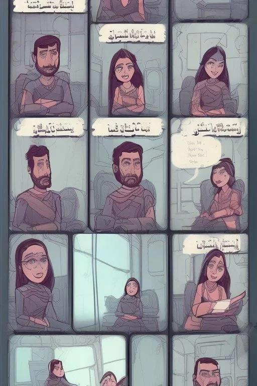 Story comic Illustrated Stories One day, Queen Batoul wassitting with her team called the “Tea Council”. Her team consisted of: - Rauf, her daughter and the hero of the tribe - Professional royal writer - Live Barbie game - Comedian Jim Carrey -Former US President Donald Trump In a large room with wide windows letting in natural light, light colors, plants, modern furniture, and a modern interior design. They were thinking of a new interior design for the palace. Meanwhile, they drank