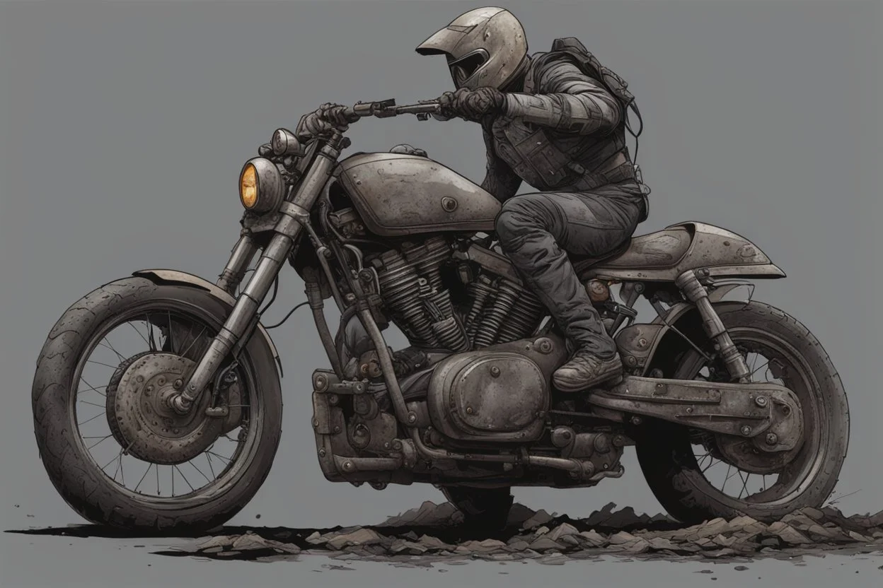motorcycle, comic book,post-apocalypse, gray background,