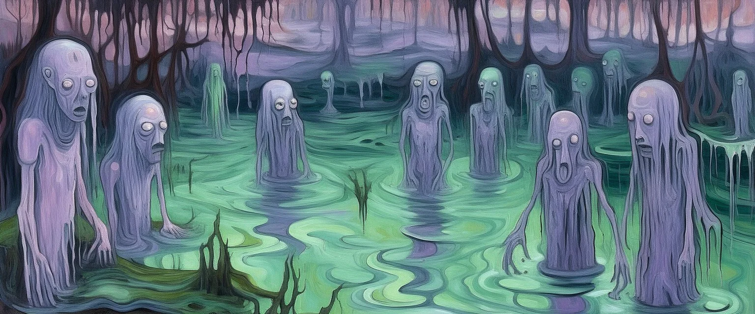 A light purple swamp with undead spirits painted by Edvard Munch