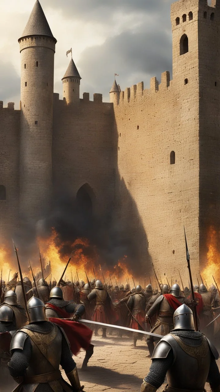 War of crusaders around a big wall thousands of solders armed with spears and bows clashed with each other’s with swords try to enter inside a big castle , fires and dead’s and big fights on the ground
