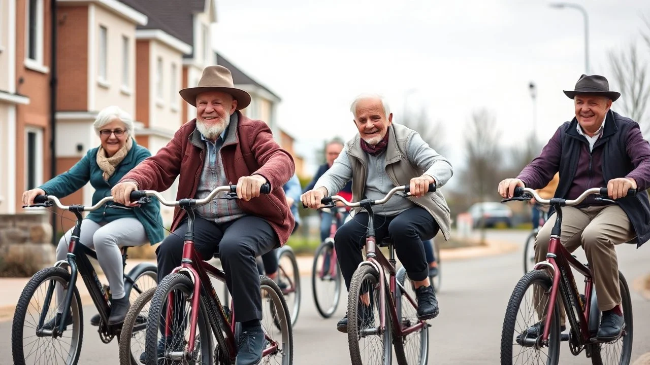 Elderly pensioners riding unicycles. Everyone is happy. Photographic quality and detail, award-winning image, beautiful composition.