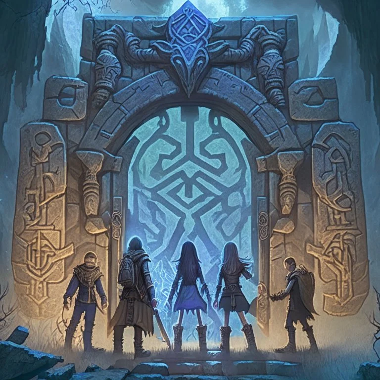 The Gate: A group of adventurers stands before a towering, otherworldly gate adorned with ancient runes. The gate is partially open, revealing a glimpse of a strange and terrifying dimension beyond.