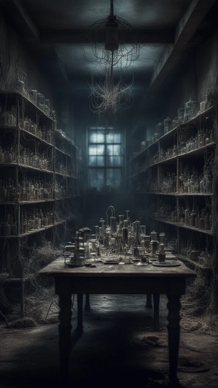 Si-Fi, The permanent under atmospheric lighting effects, a whole tables and shelves filled with old abandoned laboratory with spider wigs and weird skull ,intricate historical moody atmosphere, eerie grimdark ambiance, complex motherboard accents, speculative fiction art. Bokeh