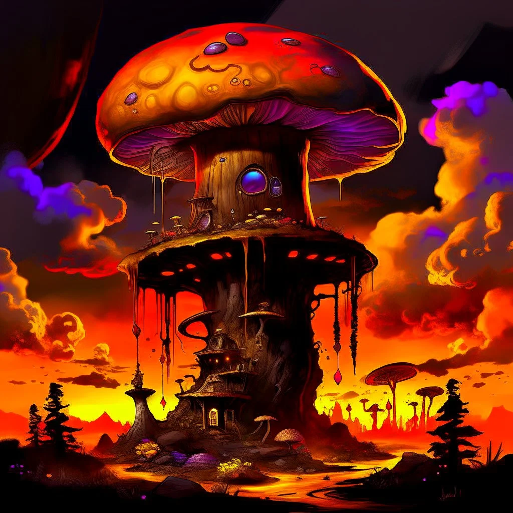 A fantabulous black, yellow, and orange (((mushroom tower house))) erected atop a (geologic pillar), surrounded by the uncanny imaginative ((( swirling skies))), offset by the stark hues of a (neon-tinged nebulous space scape), within. captured by the hand a skilled master painter with a focus on (softly blurred compositions and voluminous lighting).