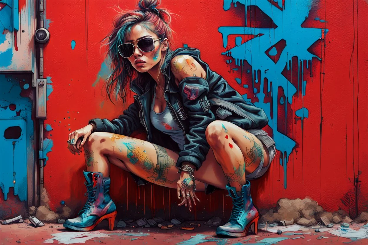 close up, full color painting of squatting cyberpunk girl, sunglasses, high heel shoes, perfect hourglass figure, (((Graffiti art) (by Carne Griffiths))), red wall background, insane details, intricat Modifiers: highly detailed Award winning photography fantasy 8k photorealistic beautiful poster award winning imperial colors fantastic view ultra detailed 4K 3D colourful very cute cinematic postprocessing acrylic art Craig Rutkowski