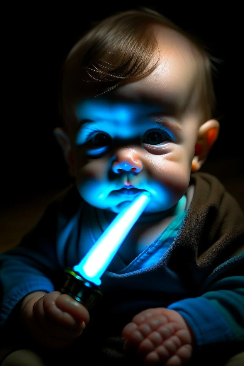 Portrait of a baby playing with a lightsaber.