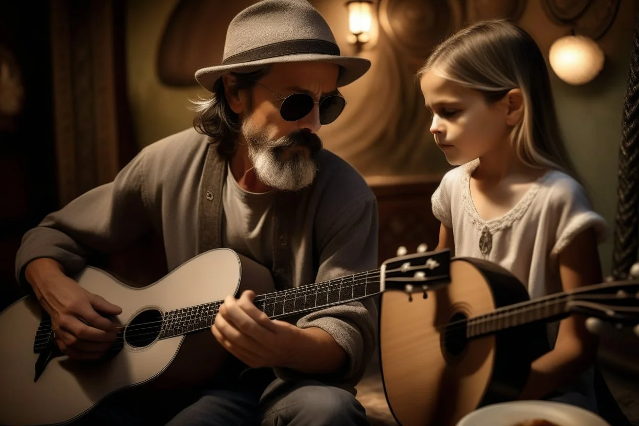 An angel handsome man with a very very!!! short, grey beard and moustache and a grey beret, with round black sunglasses and a shining halo plays guitar, in front of him a 7-year-old girl with blonde-brown hair is listening with her head propped on her elbow on a carpet, ethereal, heavenly, otherwordly, cinematic postprocessing, shading pastel and charcoal in sunshine, watercolor