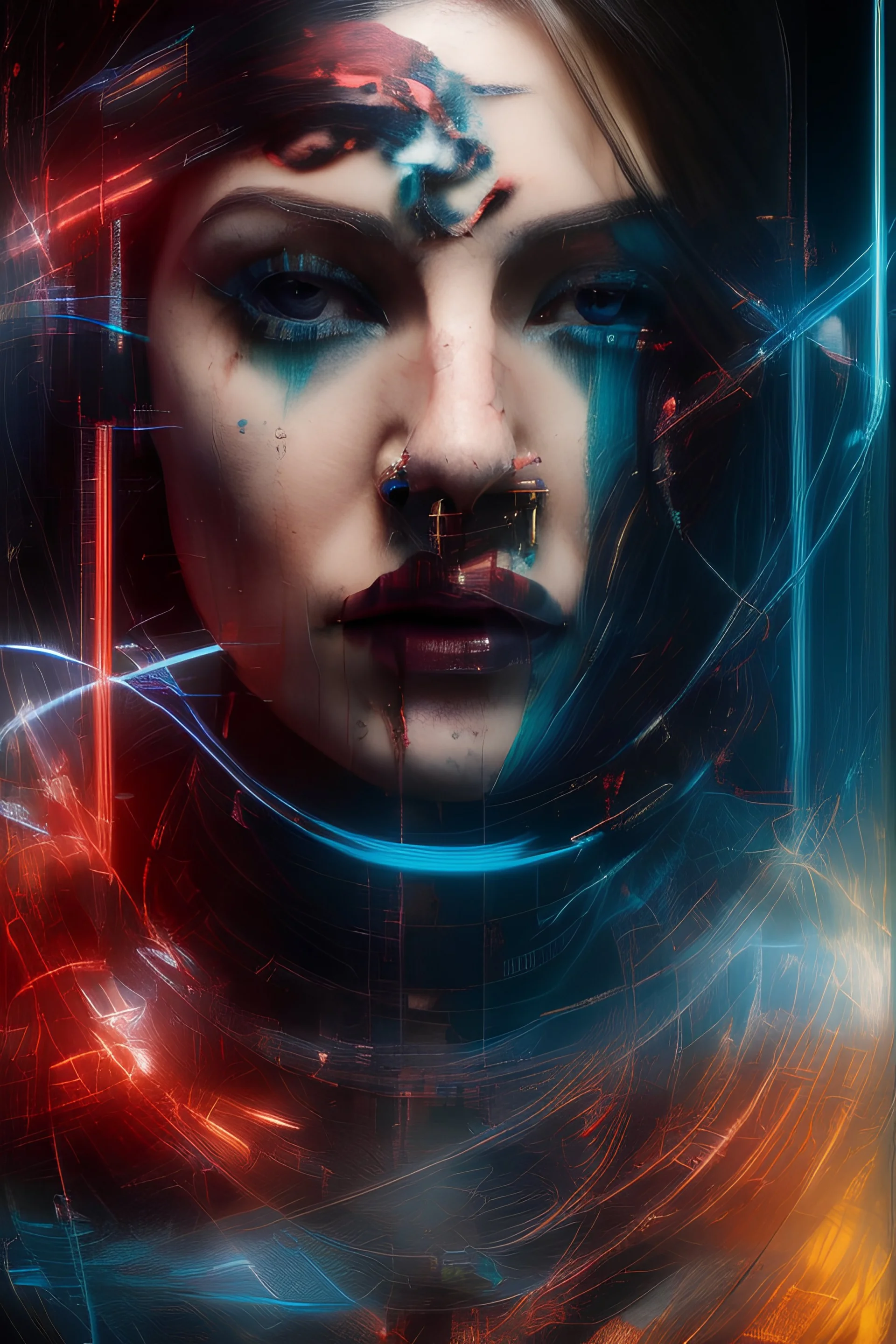 A woman, abstract image showing her chaotic life, chaos, stormy, 8k, exceptional beauty, mysterious, abstract conceptional art